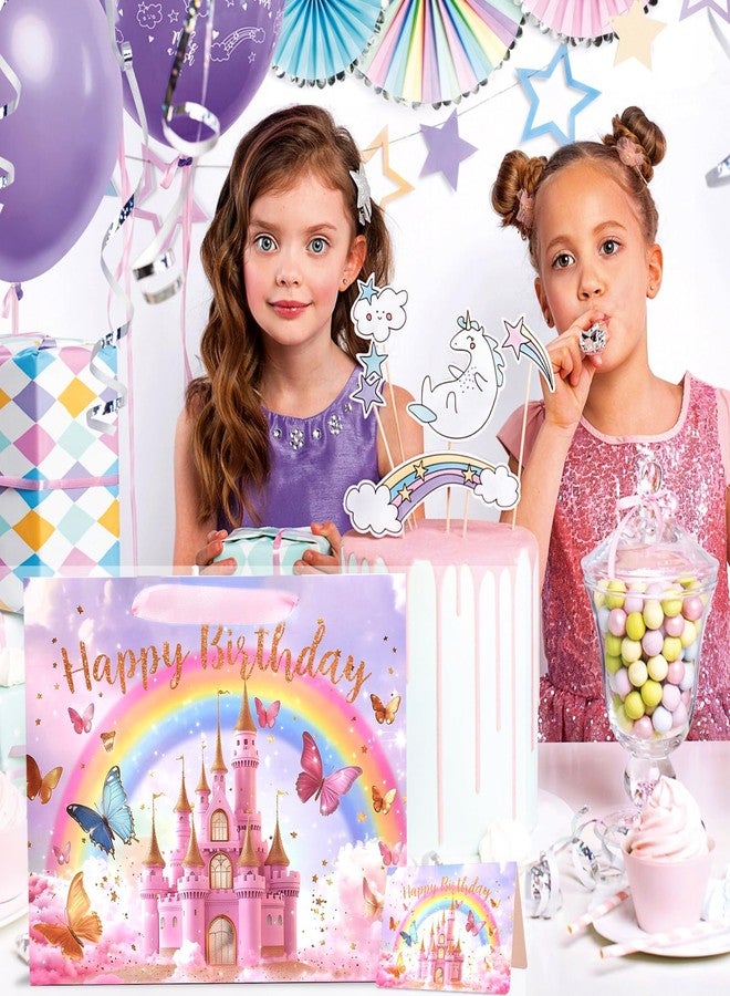 حقيبة هدايا قلعة الأميرة من جوارهونال - حقيبة هدايا كبيرة مقاس 13 بوصة لعيد ميلاد سعيد مع ورق مناديل وبطاقة للبنات والأطفال، لوازم حفلات عيد ميلاد بطابع الأميرة باللون الوردي - Image 5